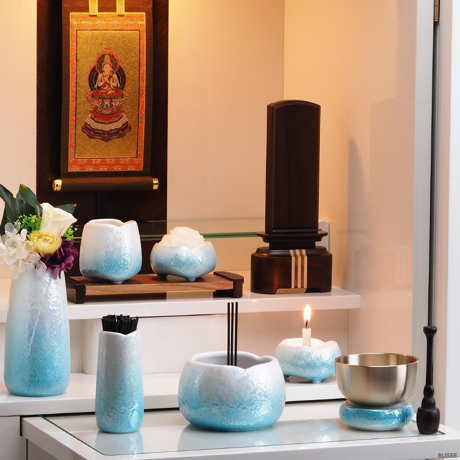 仏具 セット やわらぎ ラスターブルー 中サイズ 7点 /仏具セット ミニ