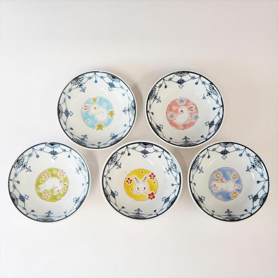 九谷焼 4寸瓔珞小鉢揃 うさぎ五彩 ：美山窯 5枚揃え うさぎ 動物