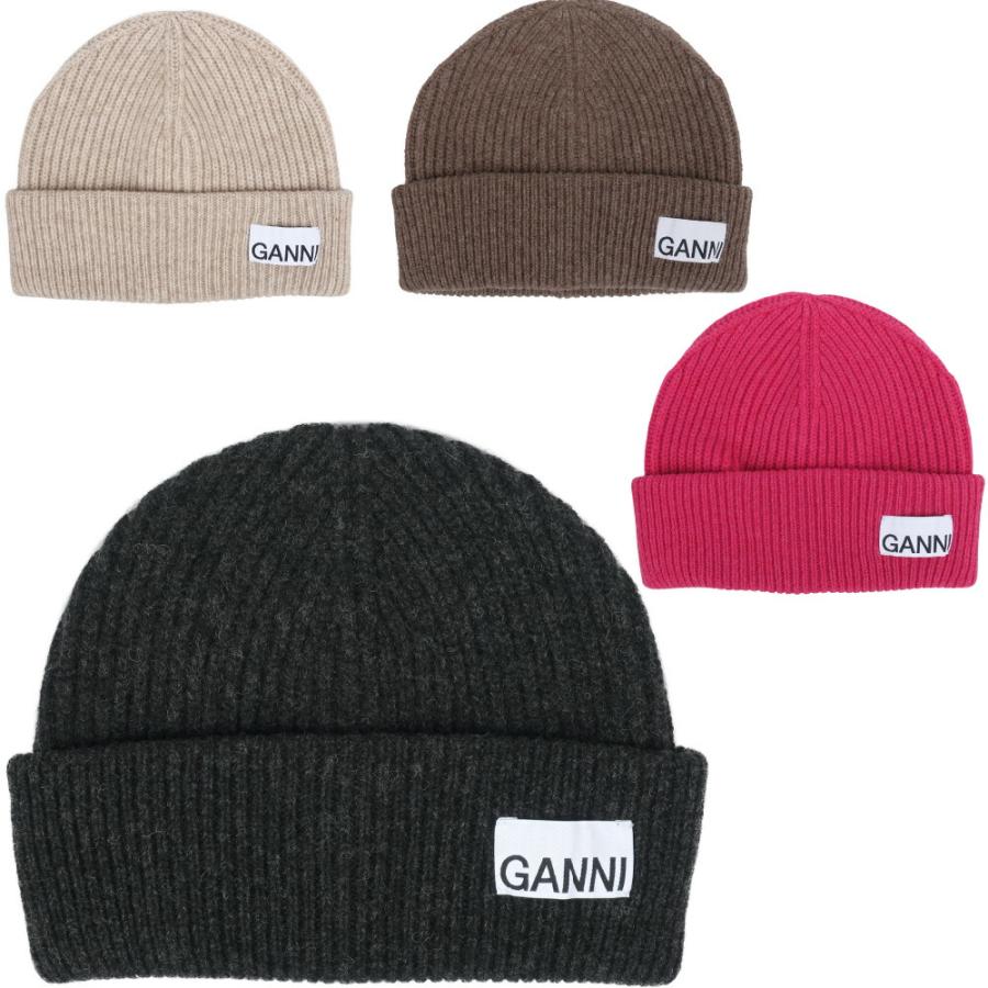 GANNI（ガニー） リブニットビーニー ロゴ入り ウール ニット帽 Wool