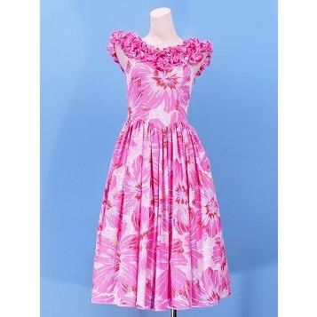 フラダンス ムームー フリル ミディ丈ドレス ピンク LLサイズ 2380piLL