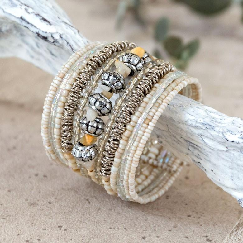 ブレスレット バングル レディース 太め ワンタッチ エスニックビーズ