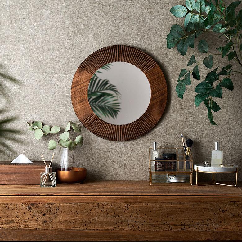 ELEMENTS 鏡 壁掛け ミラー 木製 円形 丸型 ウォール 姿見 立て掛け