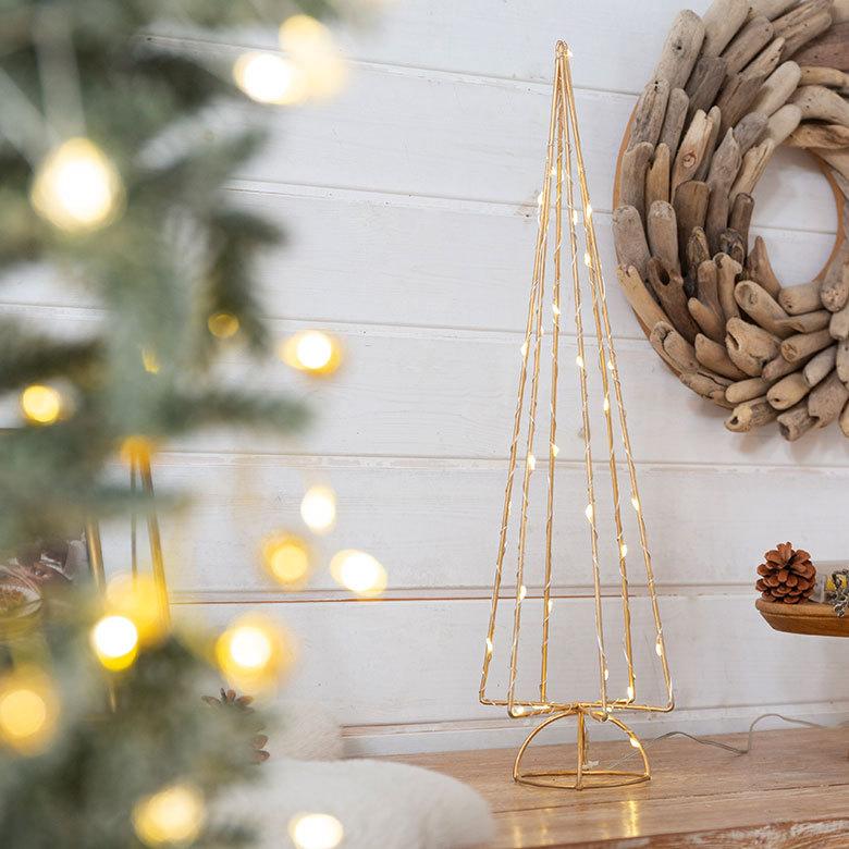 クリスマスツリー ワイヤーアート ツリー形 LED ゴールド 高さ44cm
