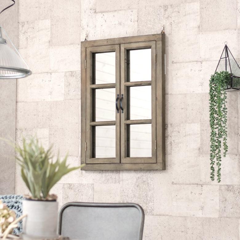 ミラー 鏡 壁掛け ウォールミラー 窓風 扉付き アンティーク調 壁掛け