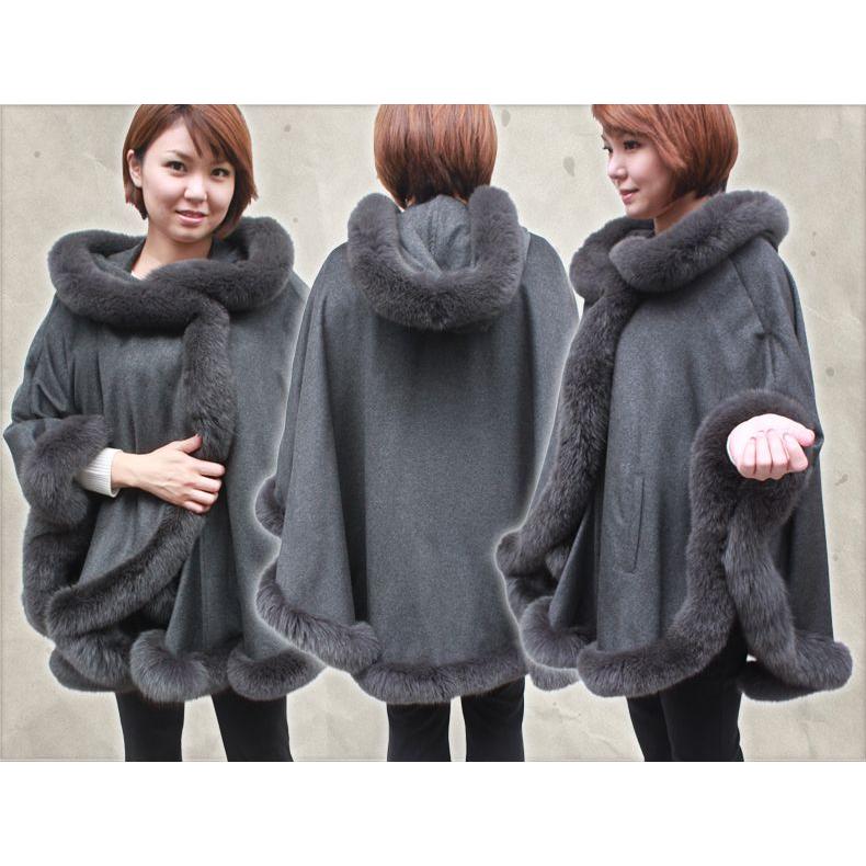 カシミヤ100% ファーケープ FOXフード付き ファーマント レディース
