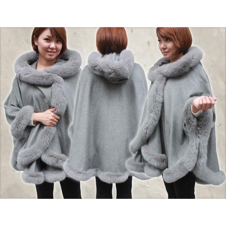 カシミヤ100% ファーケープ FOXフード付き ファーマント レディース