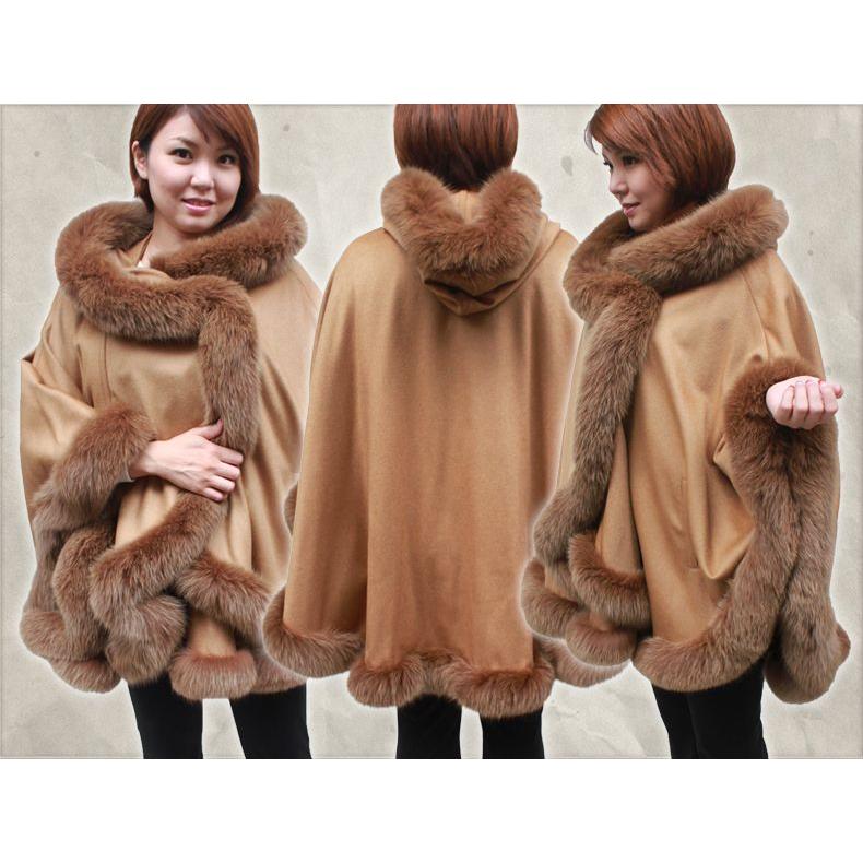 カシミヤ100% ファーケープ FOXフード付き ファーマント レディース
