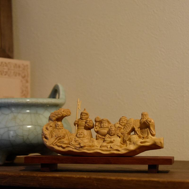 開運招福 木彫り 仏像 柘植一本彫【七福神】 幅約15cm 「七福神