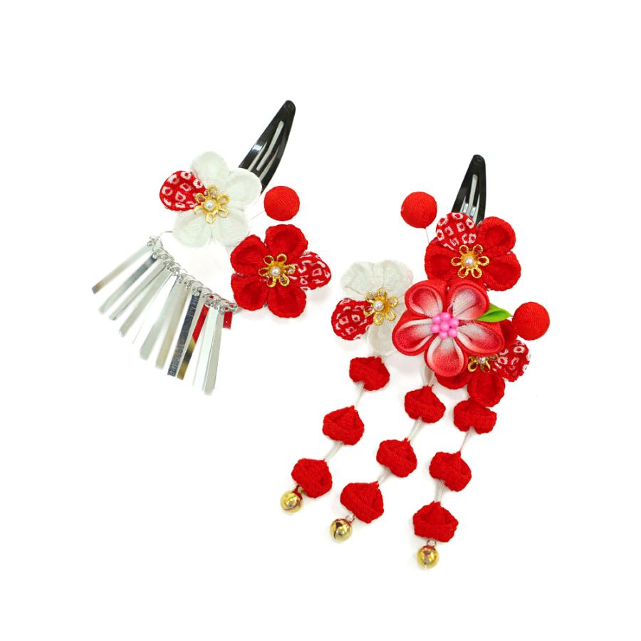 七五三 髪飾り 三歳 七歳 日本髪 つまみ細工 赤 花 2点セット 白