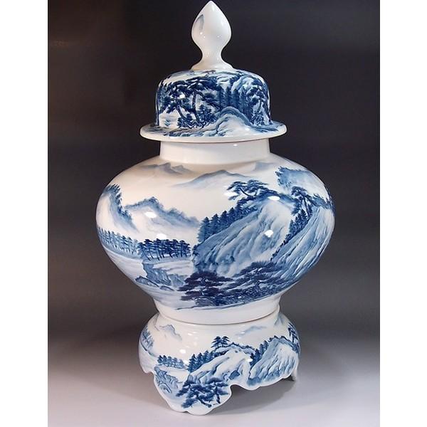 有田焼 染付山水画飾り沈香壺｜陶芸作家 藤井錦彩 作 : 有田焼 藤井錦