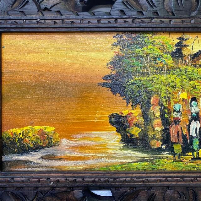 バリ絵画 風景画 タナロット寺院 サンセット 額付き W63×H33cm バリ