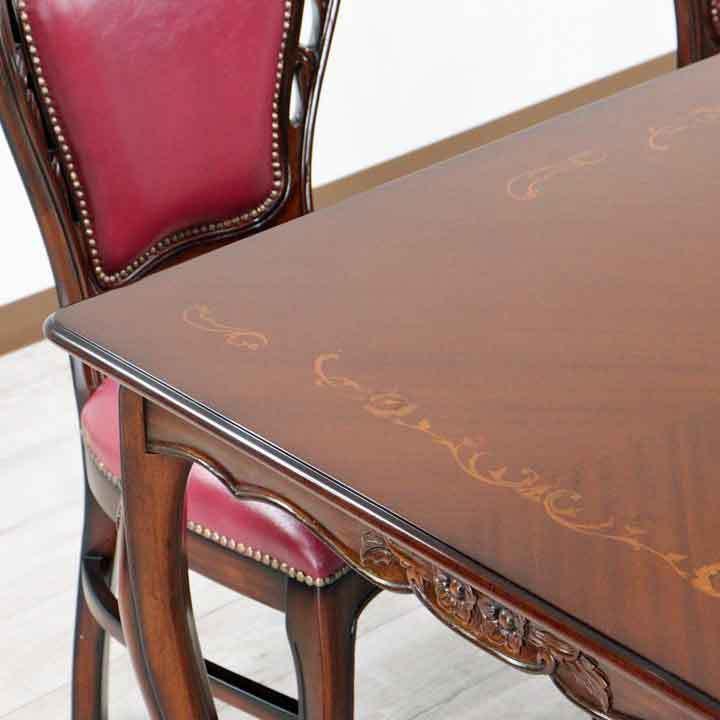 ダイニングテーブル 165cm 長方形 象嵌 花柄 マホガニー 4人用 茶