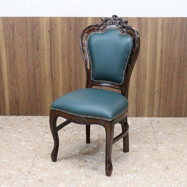 ダイニングチェア 合皮 グリーン マホガニー 猫脚 完成品 レザー 茶