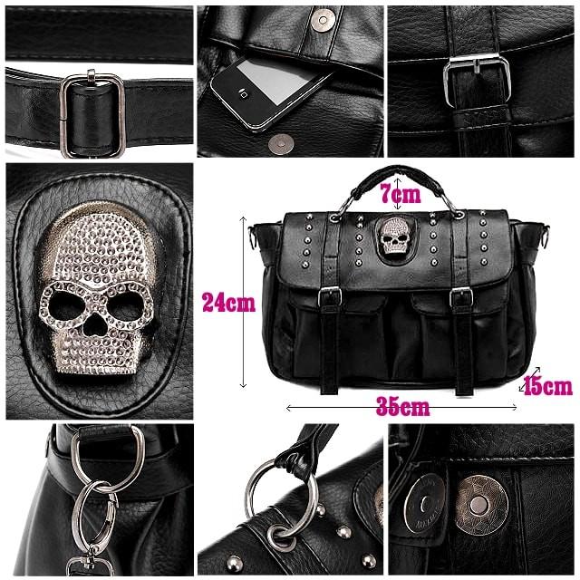 送料無料!】スカルリベットショルダーベルトバッグ! 骸骨 ブラック PU