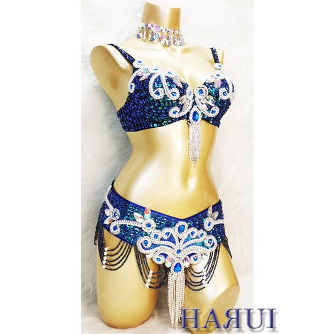ベリーダンス 衣装 ブラ ベルト パール しずく 上下2点 セット 青