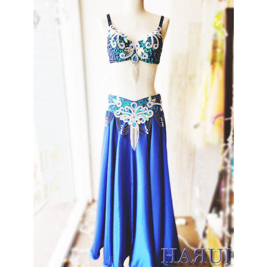 ベリーダンス 衣装 ブラ ベルト パール しずく 上下2点 セット 青
