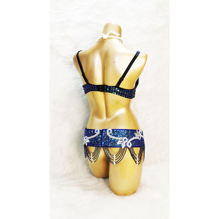 ベリーダンス 衣装 ブラ ベルト パール しずく 上下2点 セット 青