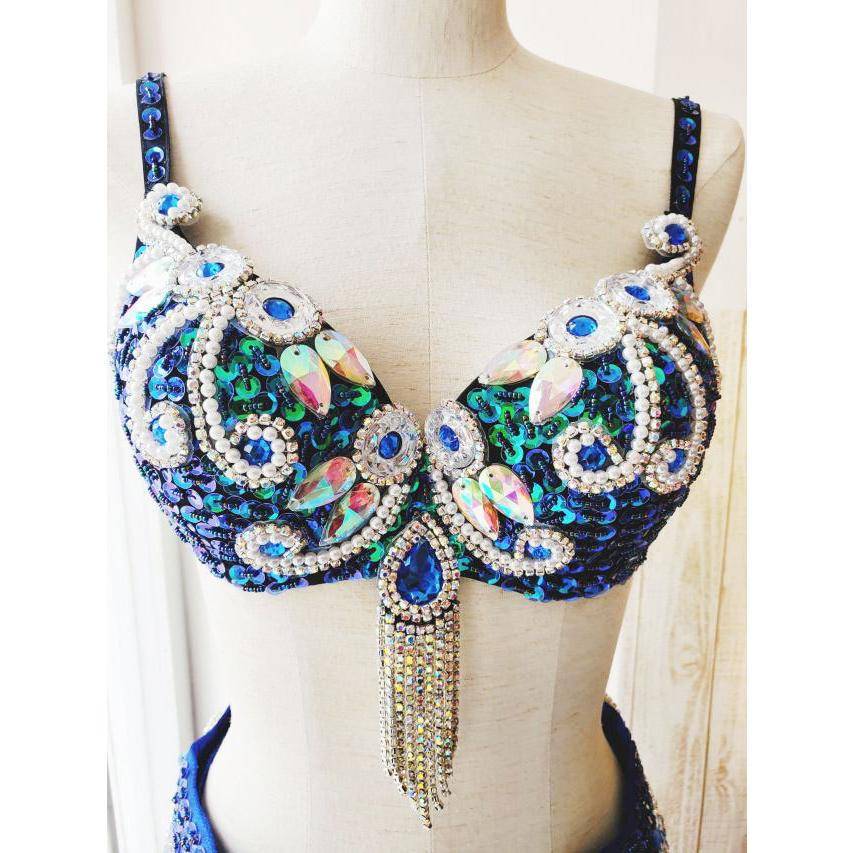 ベリーダンス 衣装 ブラ ベルト パール しずく 上下2点 セット 青