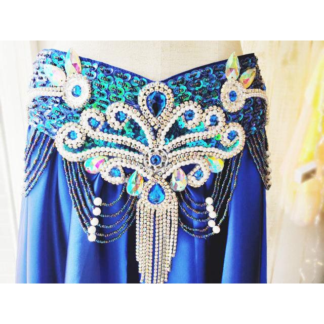 ベリーダンス 衣装 ブラ ベルト パール しずく 上下2点 セット 青