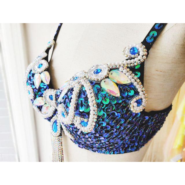 ベリーダンス 衣装 ブラ ベルト パール しずく 上下2点 セット 青