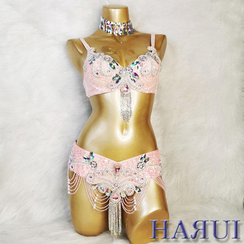 ベリーダンス 衣装 ブラ ベルト パール しずく 上下2点 セット ピンク