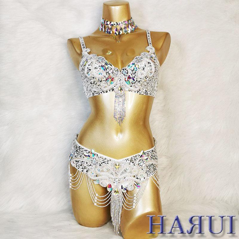 ベリーダンス 衣装 ブラ ベルト パール しずく 上下2点 セット