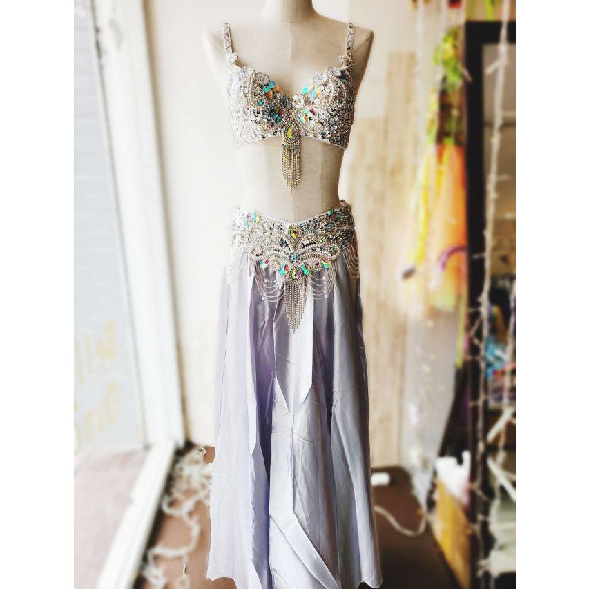 ベリーダンス 衣装 ブラ ベルト パール しずく 上下2点 セット