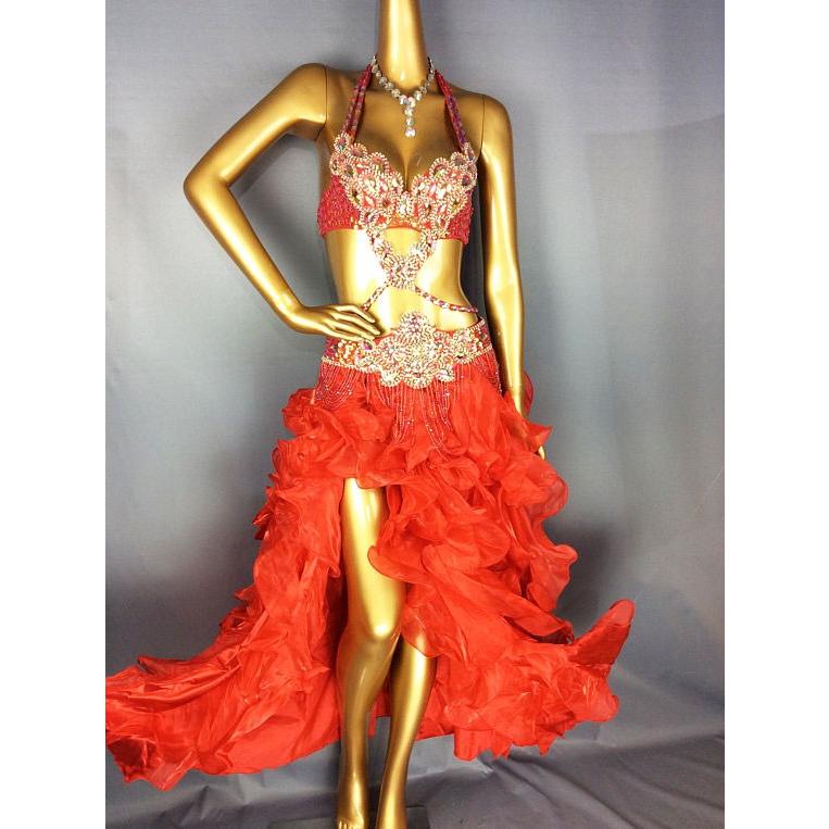 ベリーダンス 衣装 Vドロップ ブラ ベルト 上下2点 セット レッド