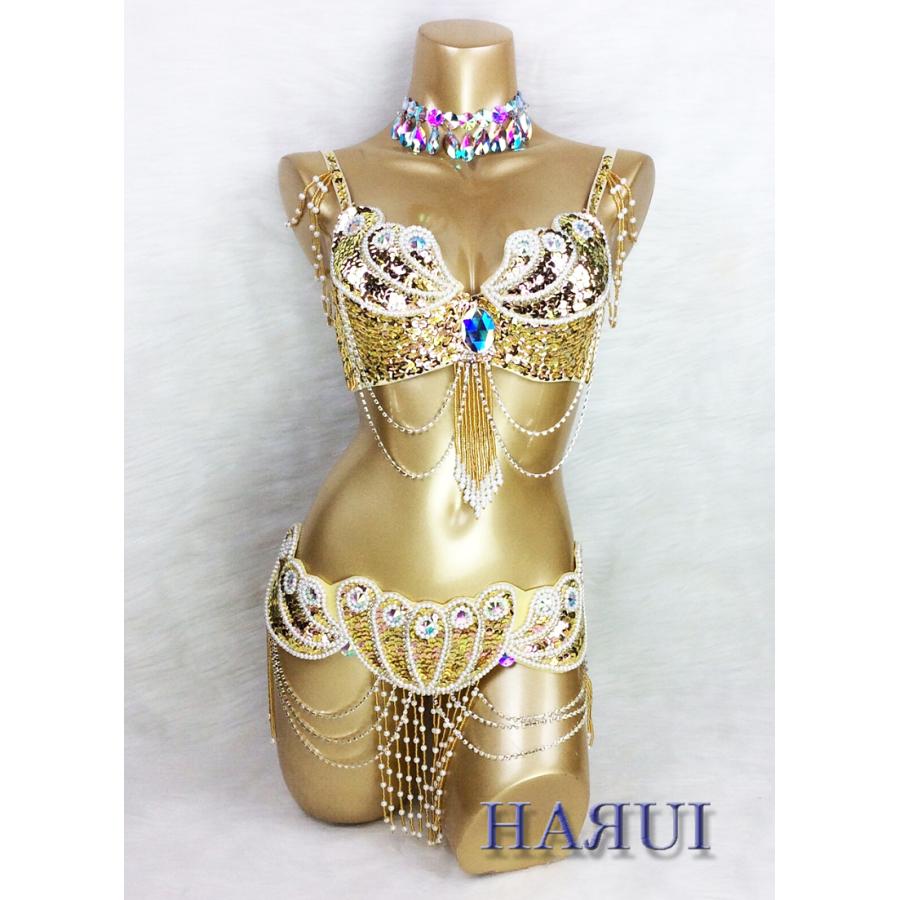 ベリーダンス 衣装 パールデザイン ブラ ベルト 上下2点セット