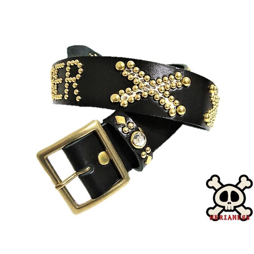 栃木レザー オリジナル文字入れスタッズベルト 黒 クロスボーンベース