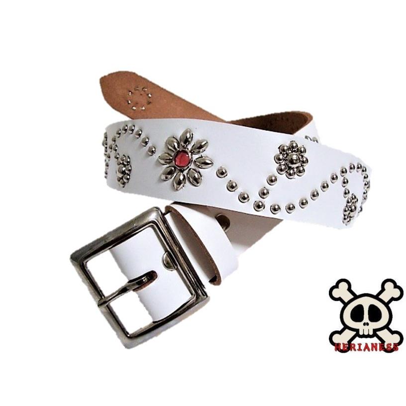 栃木レザー フラワー型 スタッズベルト 白 ピンクスポッツ 日本製 一枚