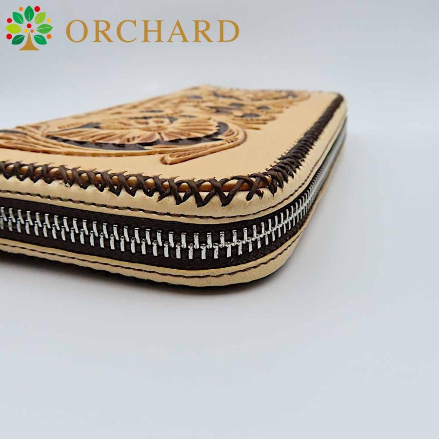 長財布 ロングウォレット フラワー 編み込み カービング 牛革