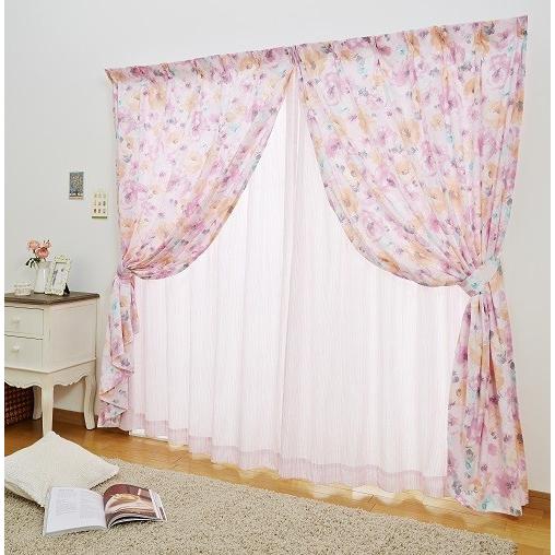 水彩 花柄 2枚重ね カーテン 綿100% 2枚組 幅100×178〜192cm丈 国産