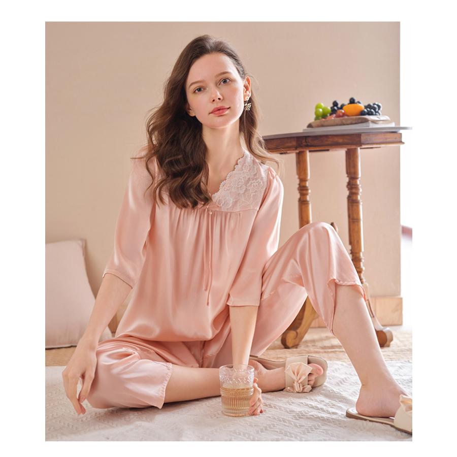 シルク パジャマ レディース 春用 七分袖 かわいい シルクパジャマ 春
