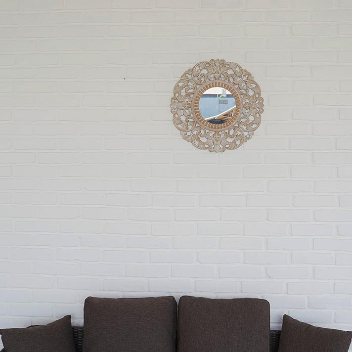 アジアン バリ風 鏡 壁掛け 丸型 ミラー ウォールミラー 木製 ウッド