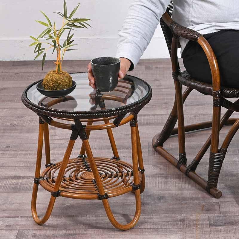 ラタンガラス テーブル 40cm幅 ガラステーブル サイドテーブル 籐家具