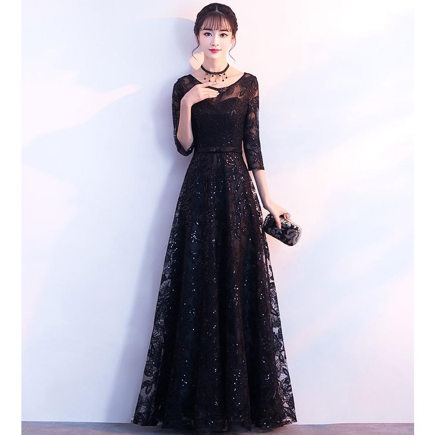 パーティードレス ロング 袖あり 7分袖 レース 刺繍 黒 大きいサイズ