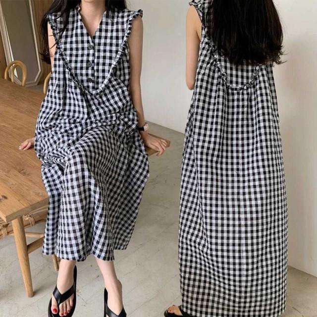 ギンガムチェック ノースリーブ ワンピース ロング 夏 レディース