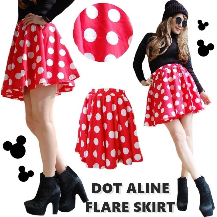 レッド×ホワイト総柄Aラインドット柄フレアースカート1色/白赤