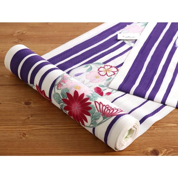 セオα] 浴衣 反物 縞に花丸（オフシロ×紫/SYU5120）夏着物 東レセオα