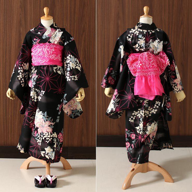 撫松庵 子供 向け 帯リボン 浴衣 帯 兵児帯 正絹 絞り 麻の葉 桜（濃