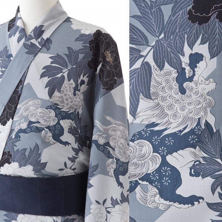 撫松庵 浴衣 男ゆかた 唐獅子牡丹（グレー 100-338-006-85）男物