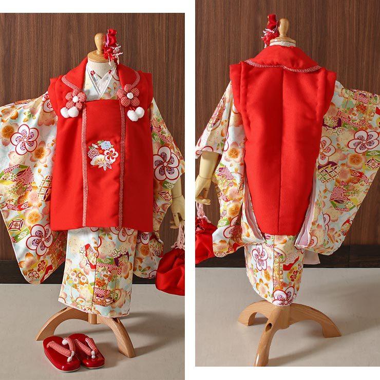 七五三 着物 3歳 被布セット 女児 貝桶にねじり梅 水色 赤 三つ身着物