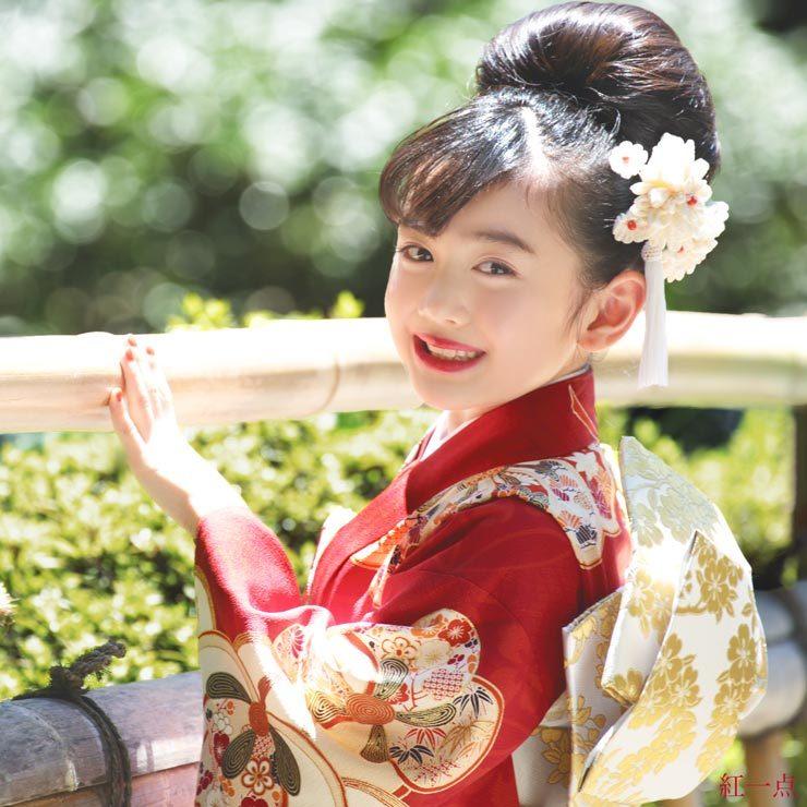 七五三 着物 7歳 正絹 フルセット 購入 セット 紅一点 女の子 橘梅 赤