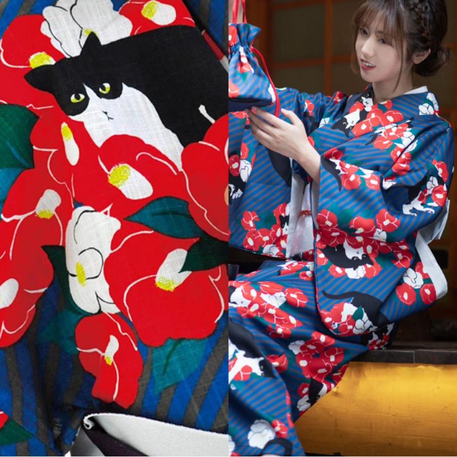 ネコ柄 浴衣 大人 猫 椿 赤 レディース 猫柄 三毛猫 セット 大きサイズ