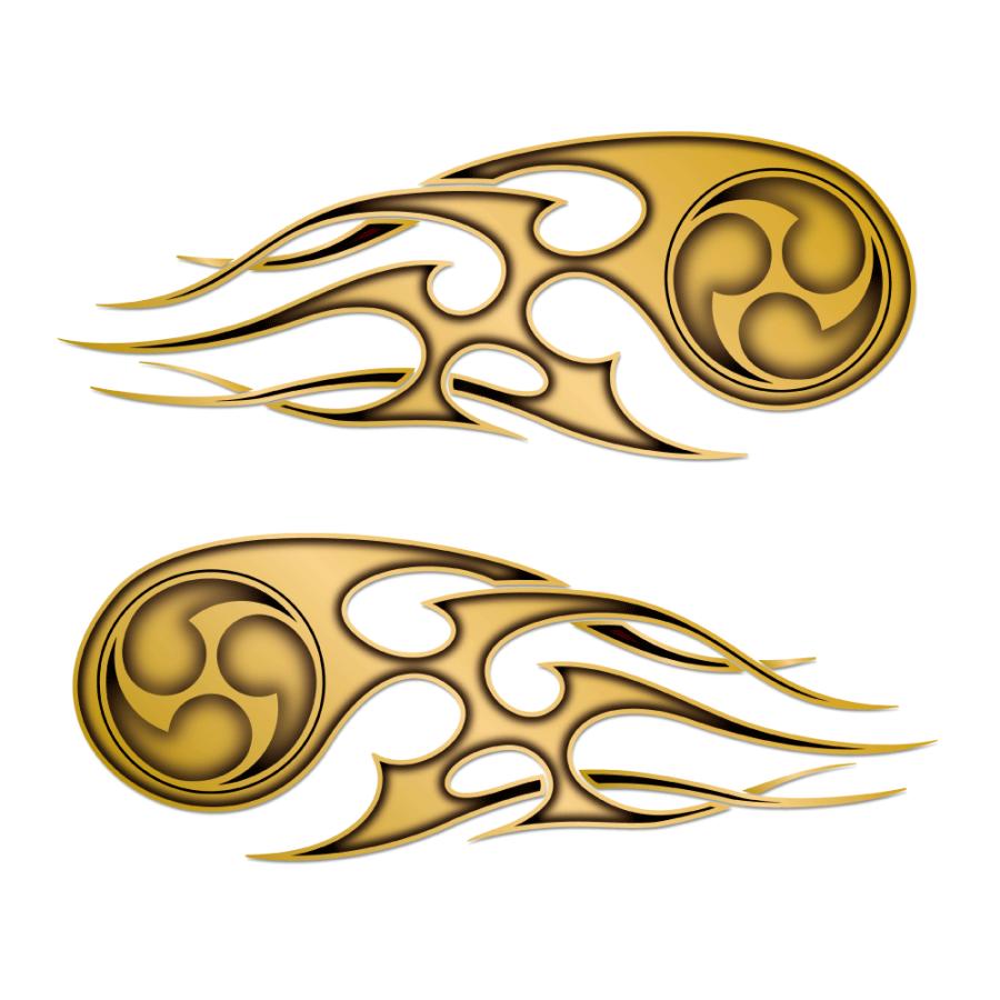 ゴールド）汎用 三つ巴ファイヤーステッカー 30cm 左右セット 太鼓 和