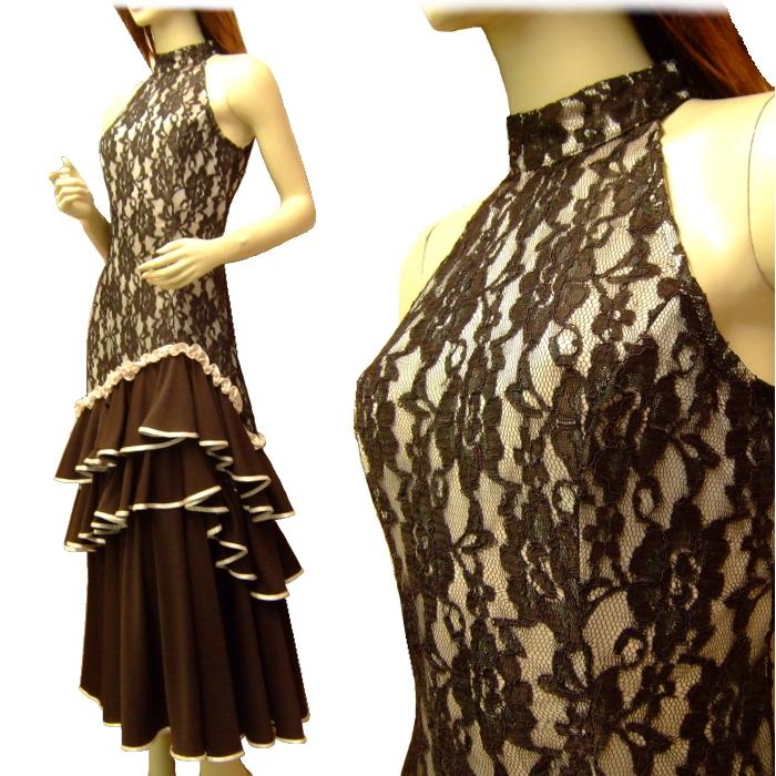 フラメンコ衣装 ワンピース (ブラウン)アメリカンスリーブ 花柄レース