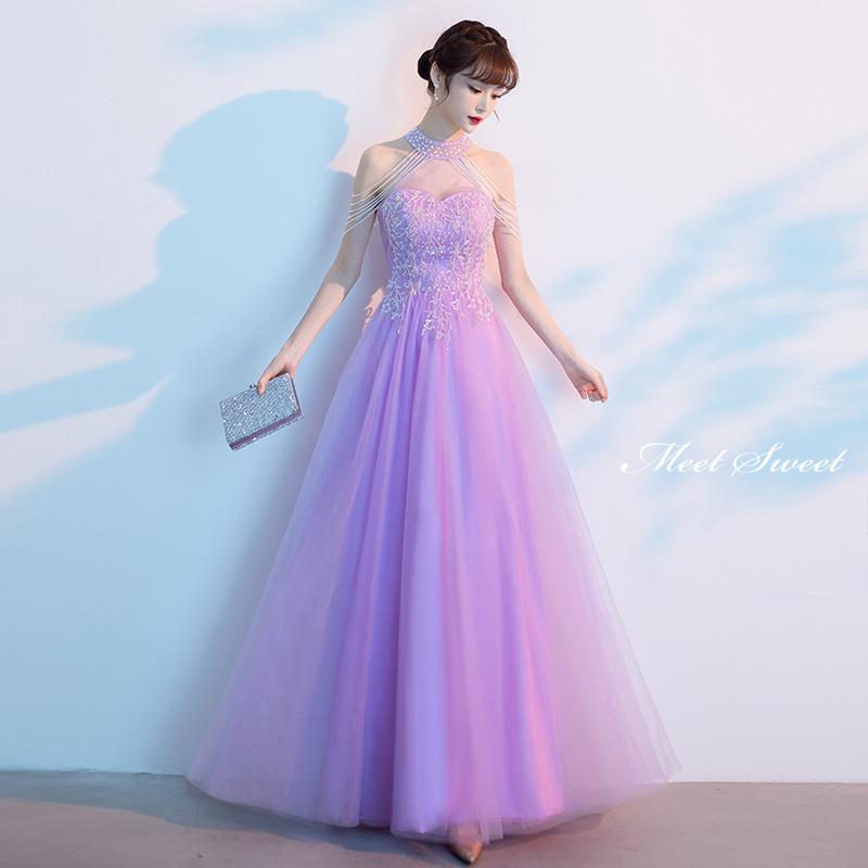 カラードレス パープル ホルターネック ビーズ 紫 ロングドレス