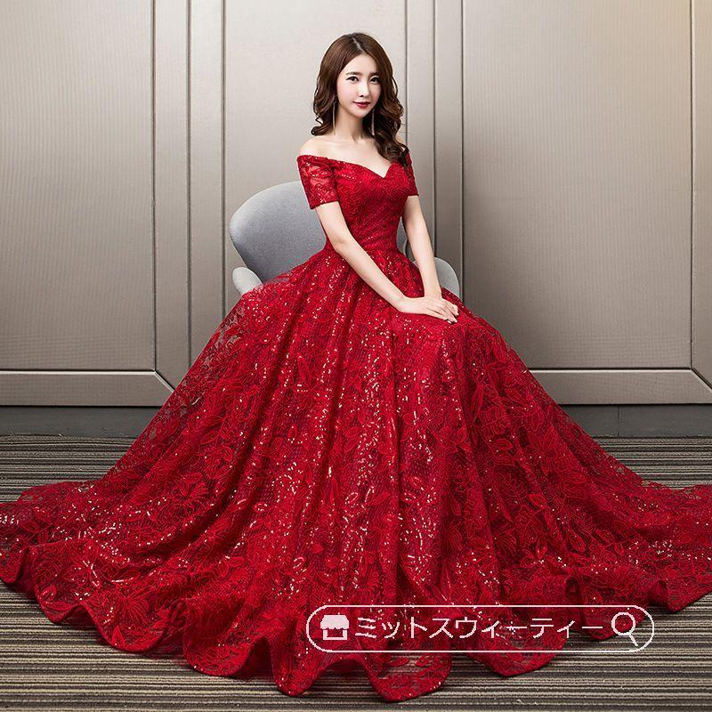 カラードレス パーティードレス Aライン 赤 レッド 半袖 リーフ 花柄