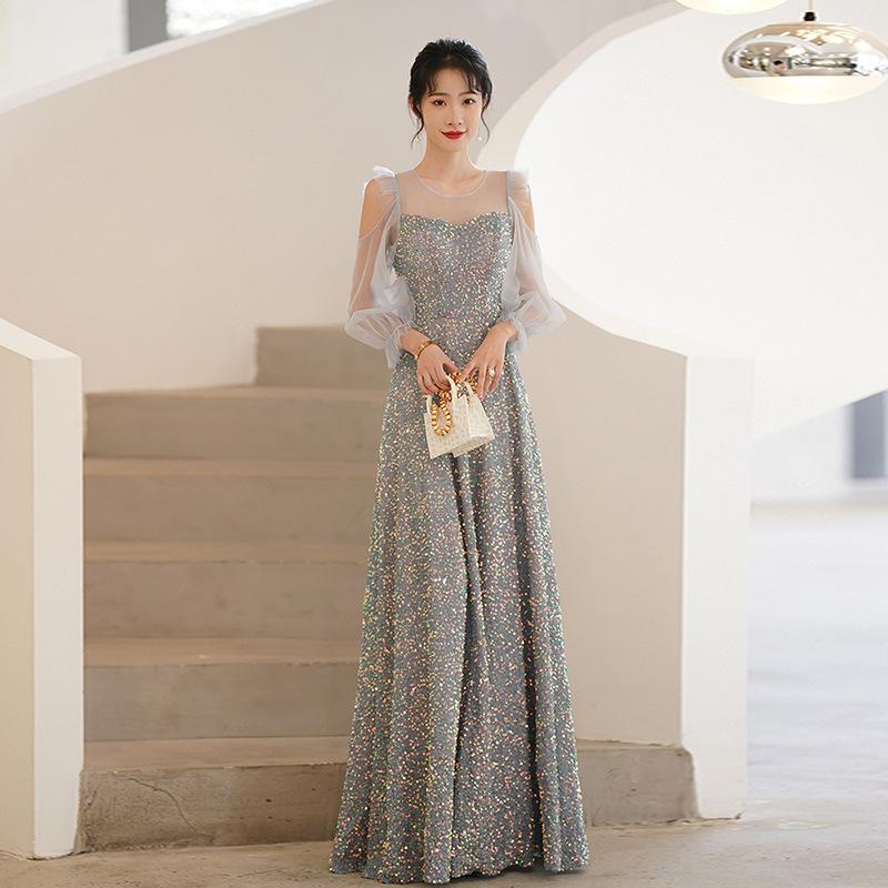 カラードレス カクテルドレス スパンコール 袖付き グレーブルー